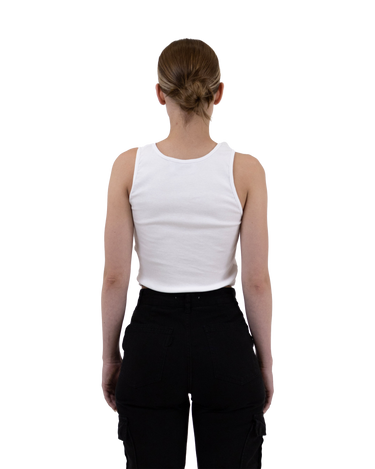 Back view of our cut out ribbed top in color white with black logo embroidery summer top 