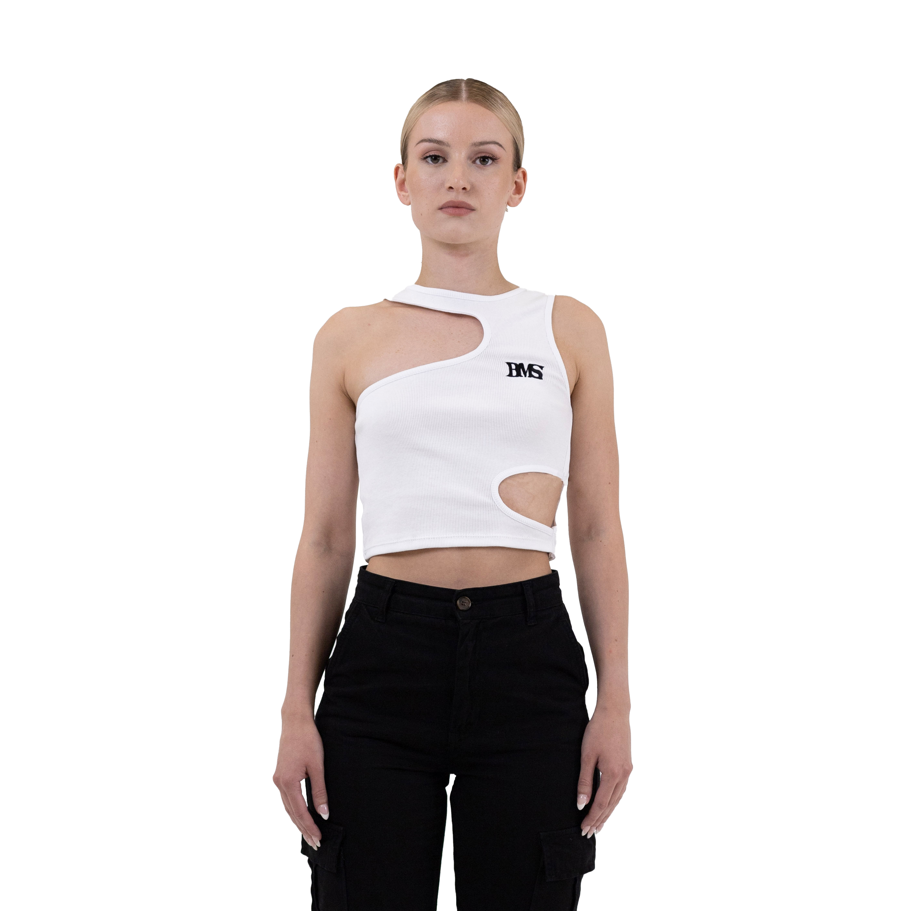 Front view of our cut out ribbed top in color white with black logo embroidery summer top 
