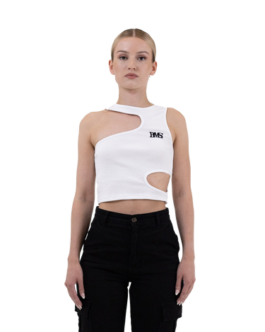 Front view of our cut out ribbed top in color white with black logo embroidery summer top 