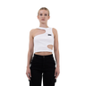 Front view of our cut out ribbed top in color white with black logo embroidery summer top 