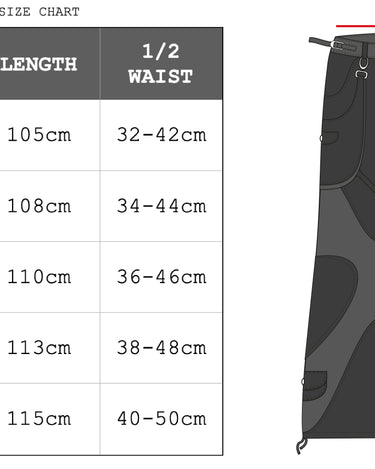 Size guid of our adjustable survivor unisex baggy pants / jeans in black color with silver elements and detachable sidepocket