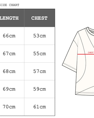 Size chart of our cropped unisex t-shirt with pattern overlay in color cream.